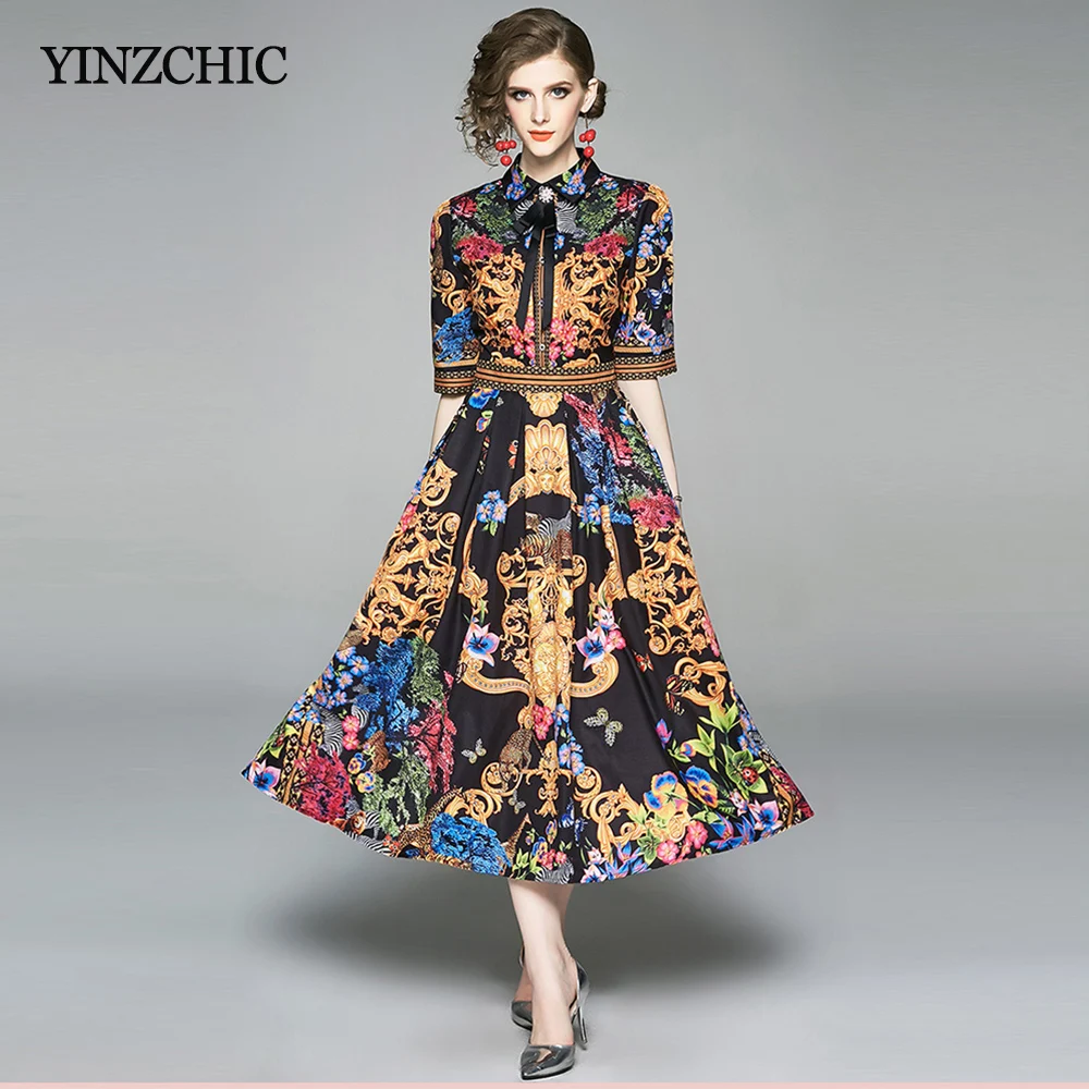 

Vintage Printed Woman Party Dress Bow Patched Ladies Slim A-line Dresses Half Sleeve Womans Summer Midi Dress OL Elegant Dress