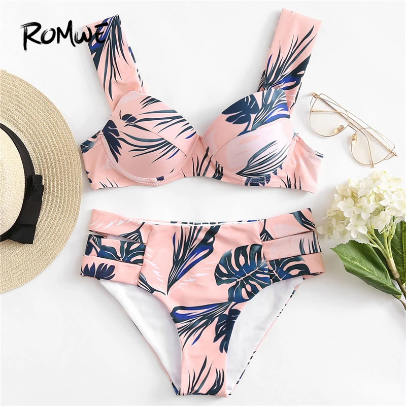 

Romwe Ladies Jungle Print Tropical Beach Hot Sexy Bikini Set Swimwear Women Bikinis Feminino 2018 Push Up Biquini Swimsuit