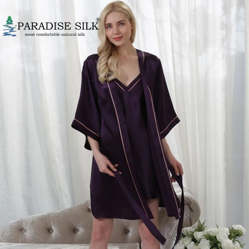 

Womens Robe 100% Pure Silk Sleepwear Casual Silky Nightwear Chemise/Short Slips 2Pcs Set Size M L XL