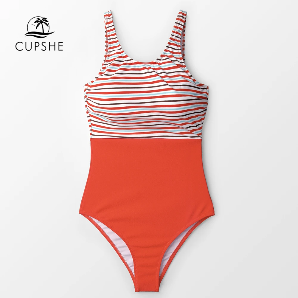 CUPSHE Orange Striped Scoop One Piece Swimsuit Women Colorblock