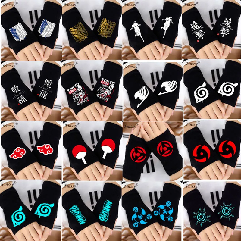 

Attack on Titan Naruto Fairy Tail Iconic LOGO Printing Cosplay Gloves Black Fngerless Warm Gloves