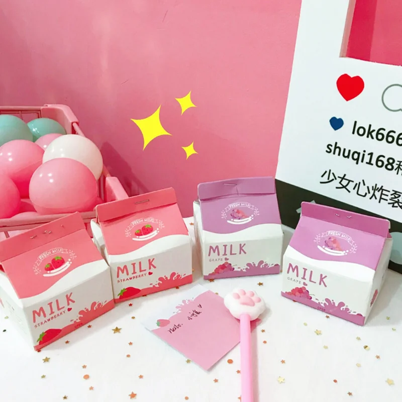 

1 Box Kawaii Fruit Strawberry Grape Milk Box Extract Stickers Notes Pocket Milk Memo Pads Stationary School Office Supplies