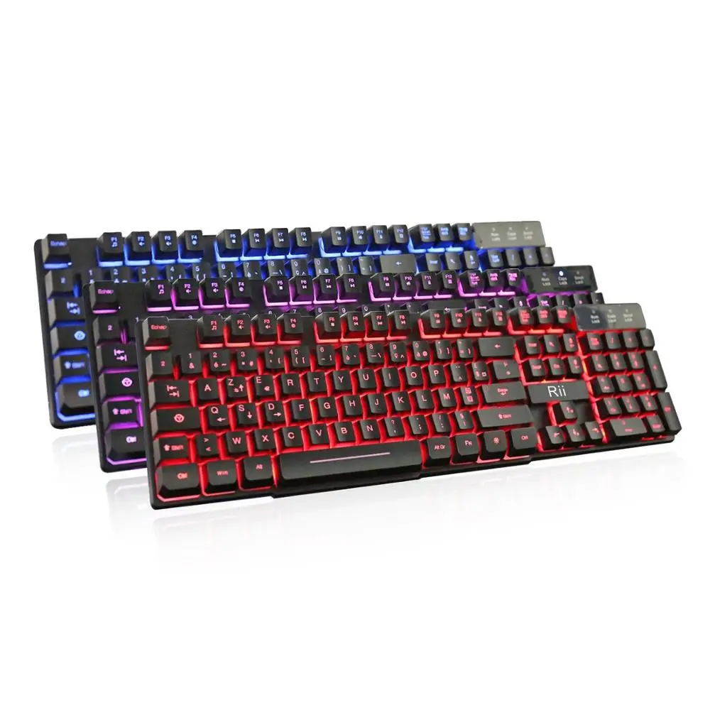 Дешево Rii RK100 3 color светодиодный USB Проводная французская (Azerty) игровая клавиатура механическое ощущение (красный, синий, фиолетовый)