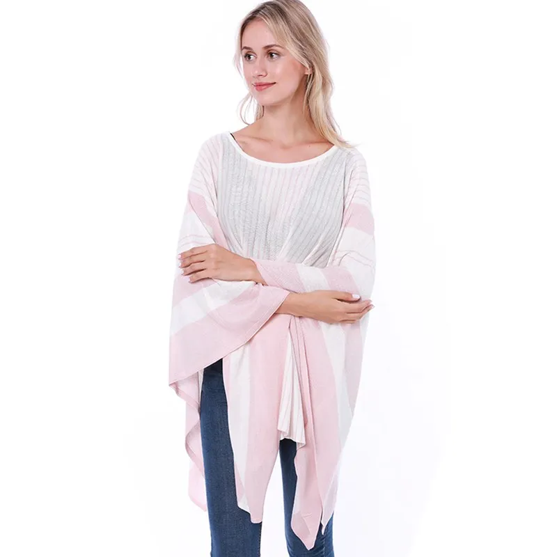 New Style Woman Fashion Poncho Kintted Sweater Plus Size Pullover Women Shawl Stripe Poncho For Lady Winter Coat