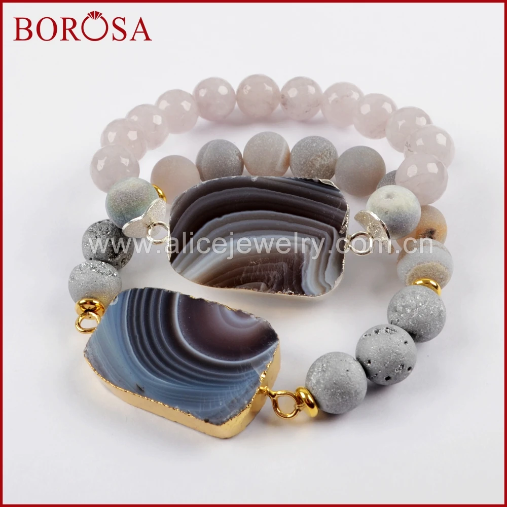 

BOROSA 5PCS Stylish Gold/Silver Color Botswana Agates With 10mm Multi Stone Beads Bracelet Druzy Bangle Jewelry G1634 S1634