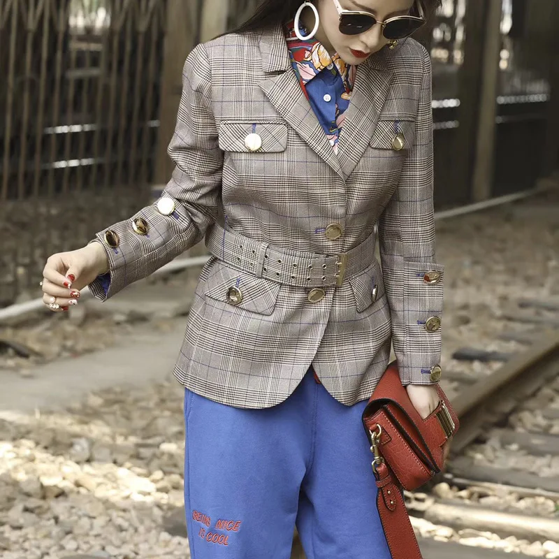

European Station 2019 Season New Women European American Fashion Big Button Plaid Belt Waist Suit Jacket Tide Card OL Commuter