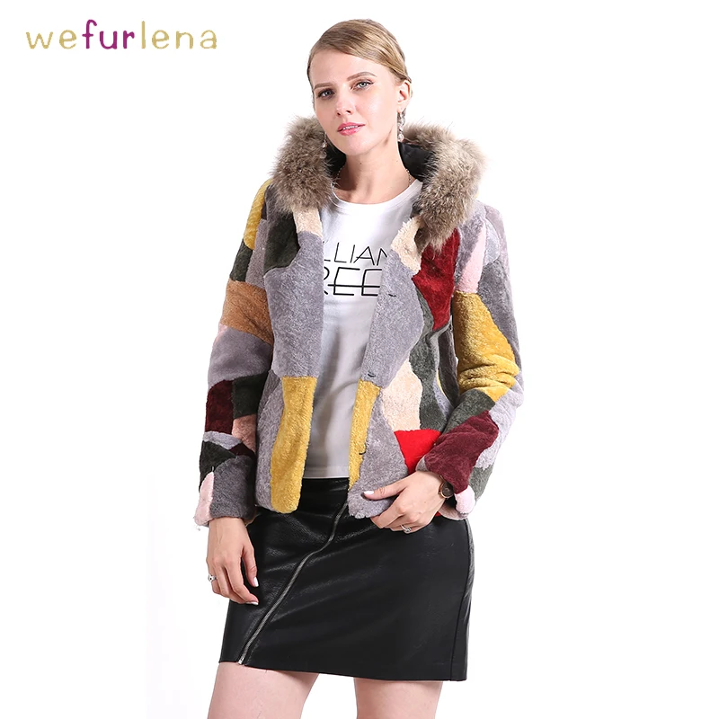 

Colorful Lamb Fur Coat with Hooded Real Natural Genuine Lamb Fur Sleeves 60cm Waistcoats Winter Jacket New Women Fur Coat