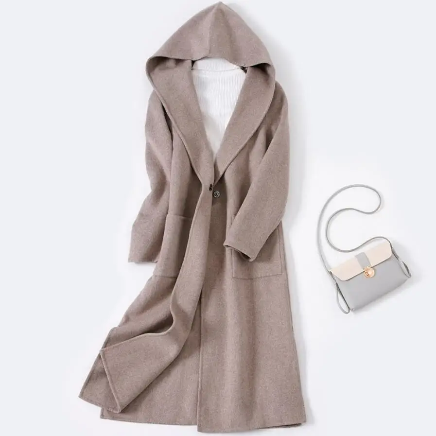 2018 Autumn Winter fashion Wool Coat Women Double-sided Cashmere Hooded Long Jacket Ladies Loose Vintage