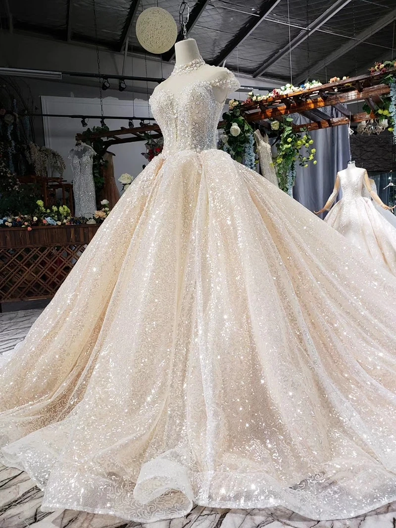 HTL639 Блестящие Свадебные платья с блестящим высоким горлом с рукавом-крылышком Кристальное кружевное свадебное платье с шлейфом vestidos de novia винтажное