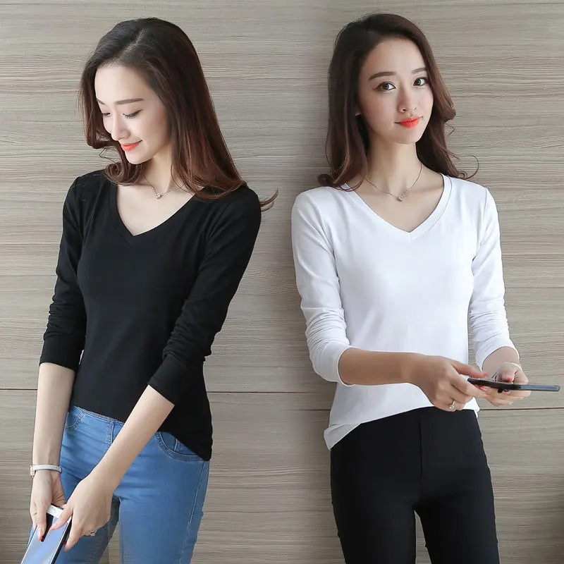 

New Autumn Spring Long Sleeve Black and White Cotton Tshirt Simple All Match OL Ladies Tops T Shirt Clothe