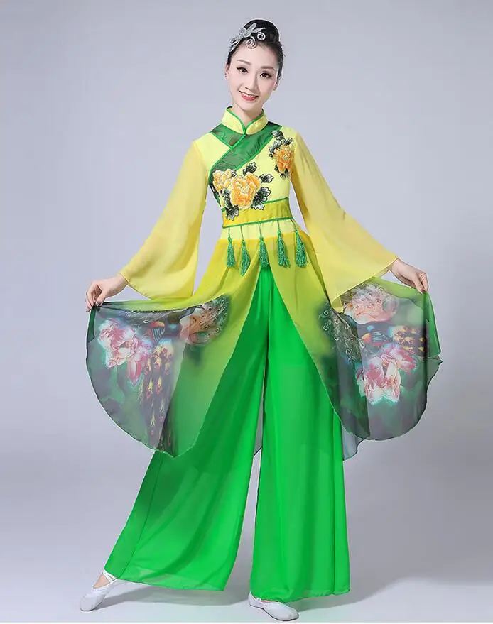 Бальные костюмы для девочек, традиционные китайские костюмы, женские танцевальные наряды Yangko, Женская Современная сценическая танцевальная одежда, костюмы, одежда - Цвет: Зеленый