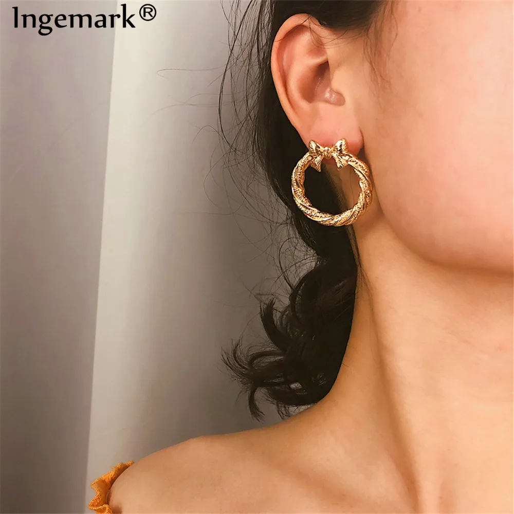 

Ingemark Retro Twisted Circle Metal Chunky Stud Earring Female Bohemian Bow Hollow Thread Clip Big Earring Fashion Jewelry 2019