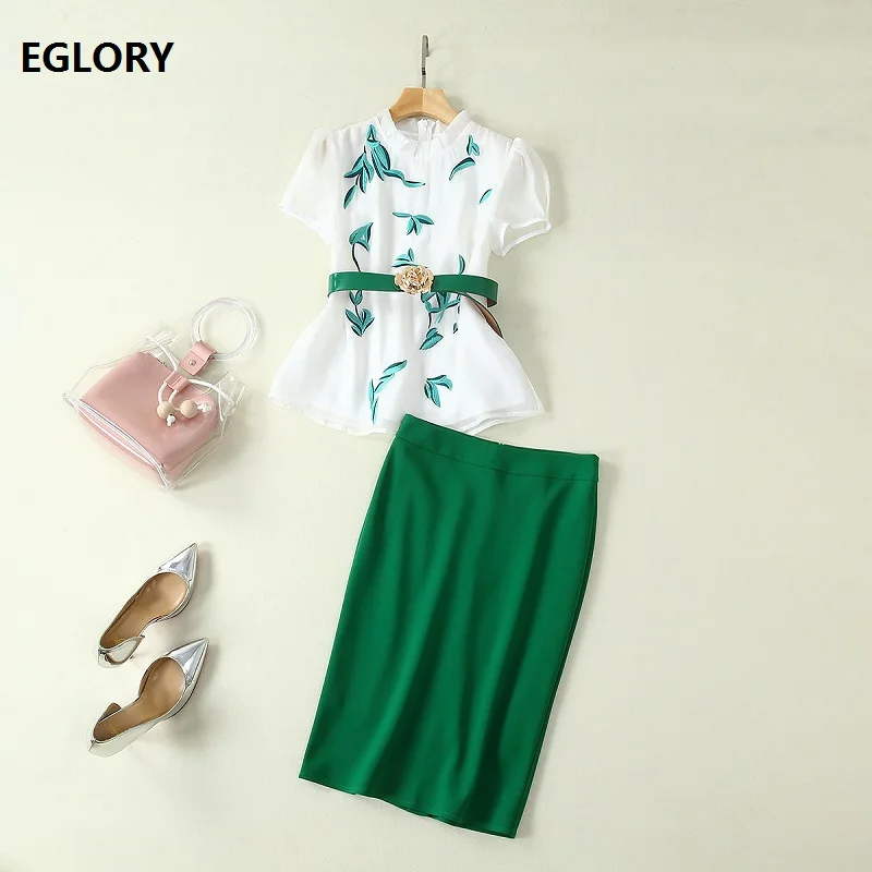 Hoge Kwaliteit Werk Rok Pak 2019 Zomer Mode Pak Vrouwen Gouden Bloem Riem Tops Blouse + Groen Midi Potlood rok Set Hoge Kwaliteit Werk Rok Pak 2019 Zomer Mode Pak Vrouwen Gouden Bloem Riem Tops Blouse + Groen Midi Potlood rok Set