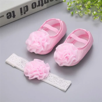

Baptism Baby Girl Sapato bebe Menina Rosset shoes 2pcs Set Rhinestone Flowers Headband Barefoot Spring Infant baby girl shoes