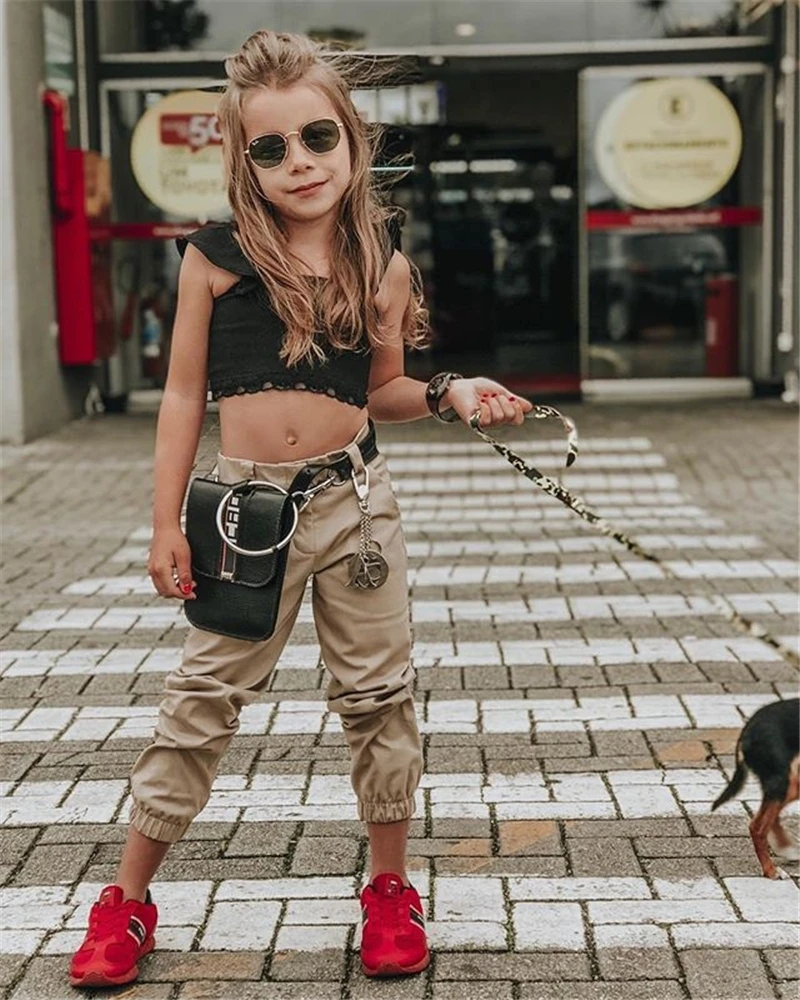 

toddler baby girl summer sleeveless 2pcs clothes set Toddler Baby Girl Cool Clothes Crop Tops T-shirt+Long Pants clothes Set