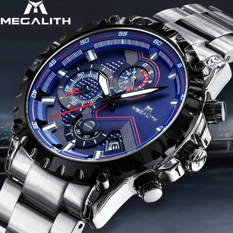 

MEGALITH Men's Watch Fashion Waterproof Chronograph Date Business Analogue Watch Classic Stainless Steel Male Clock Relogio