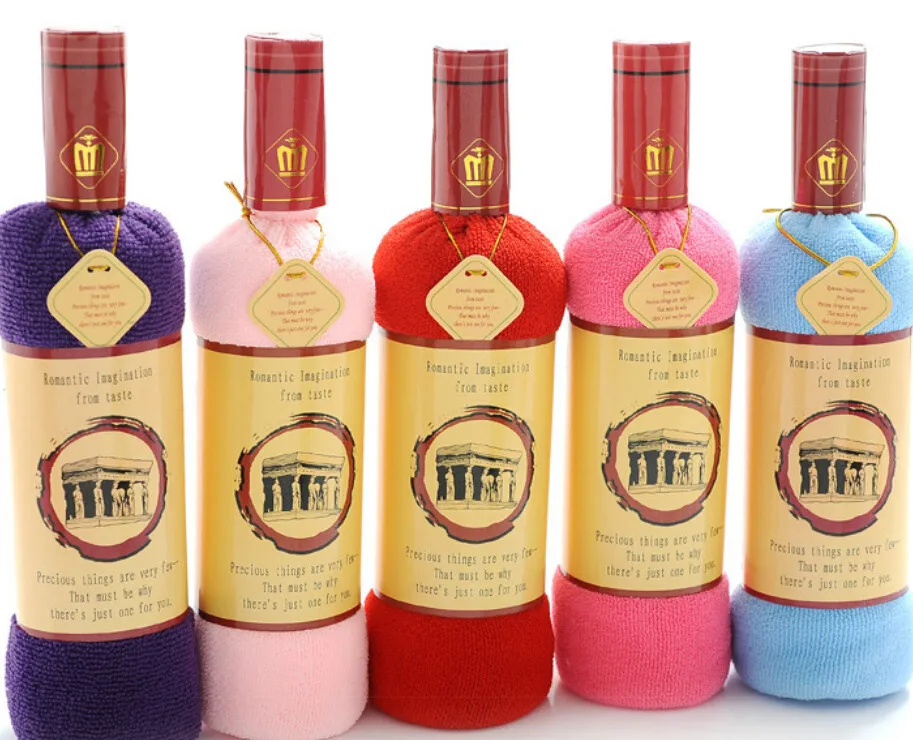 

5pcs/lot free shipping Bath Shower Soft microfiber fabric Towel Wine Bottle Shape Washcloth solid color Towel Gift 35*75cm