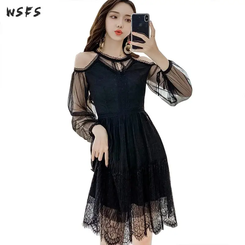 

Spring Women Dresses Black Oneck Off Shoulder Mesh 2019 Lace Dress Vintage Office Ladies Sexy Lace Vintage Party Midi Sundress