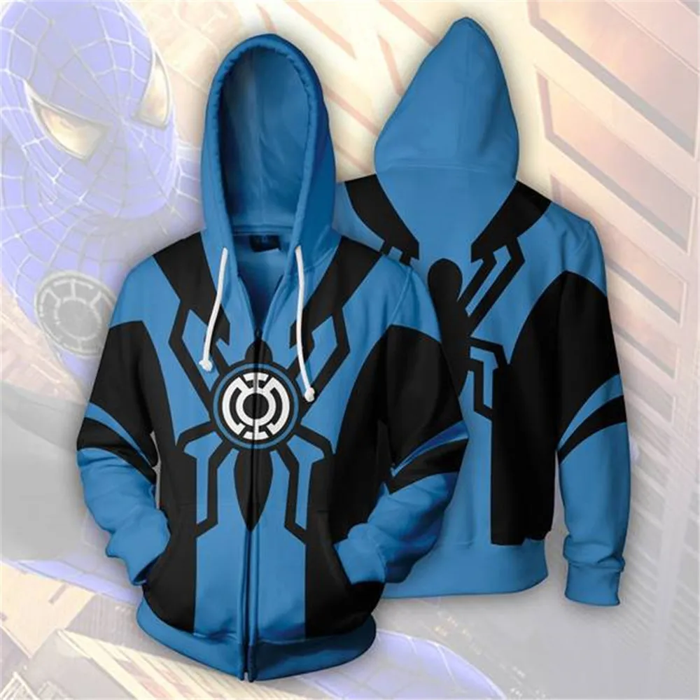 

Blue spiderman Sweatshirts Cosplay Costumes 3D printed fashion Autumn men and women hooded zippered jacket Coat sweater