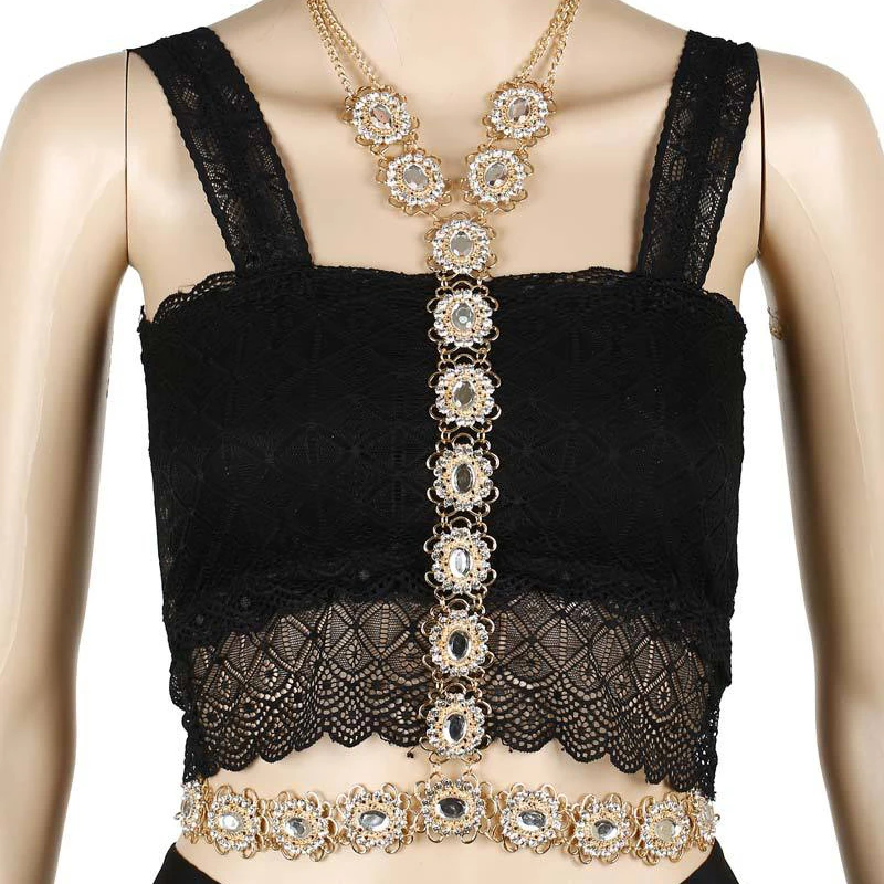 

LZHLQ 2020 Fashion Punk Brand Body Jewelry Accessories Geometric Alloy Women Multilayer Flower Rhinestone Body Chain Necklace