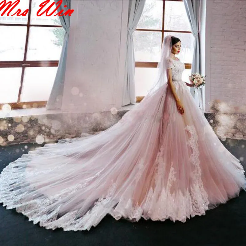 Romance Blush Pink Lace Wedding Dress 2019 Chapel Train Off the