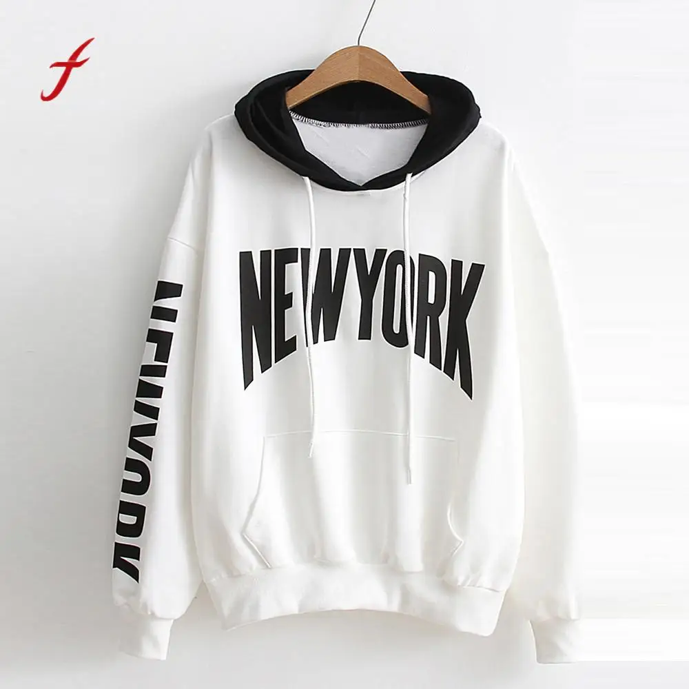 

feitong Women Girls NEW YORK Letter White Black Hit Color Hoodie Sweatshirt Pocket Spring Fall Hooded Pullover Clothes