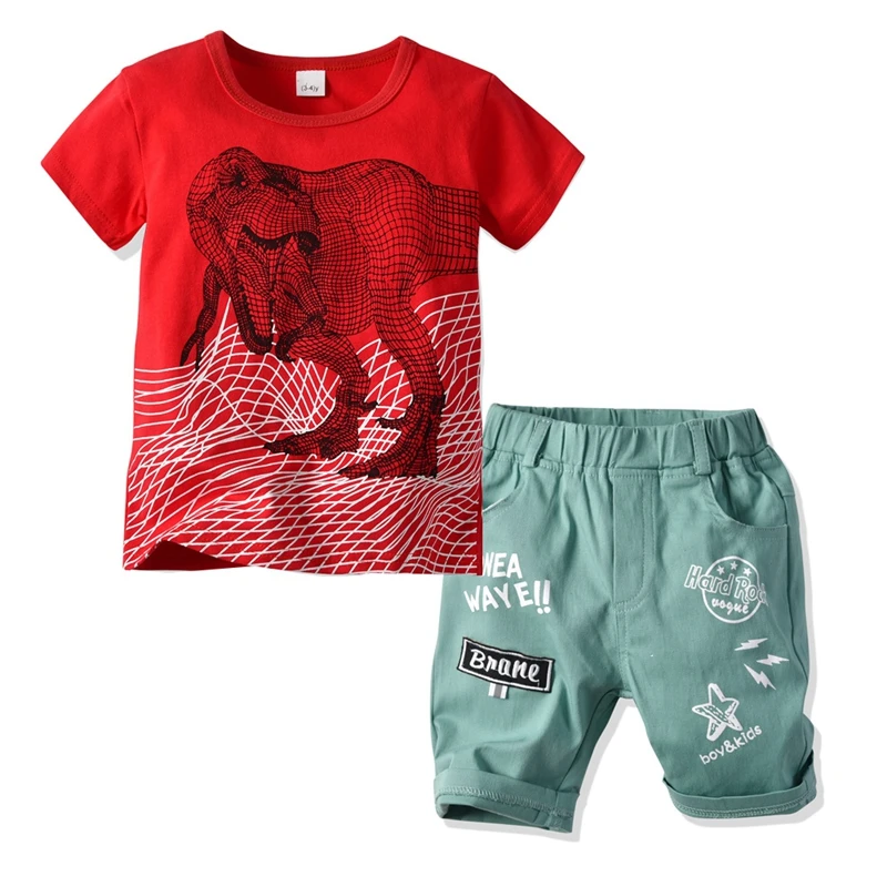 

Summer Children's Clothing Boy Red Dinosaur Printing Cotton Round Neck Short Sleeve + Letter Shorts Two-Piece Sets