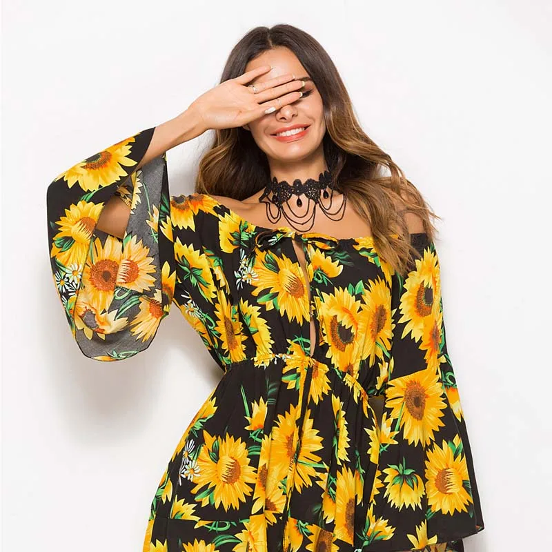 

Cncool Slash Neck Woemen Summer Dress Flare Sleeve sweet casual print floral Party Dresses female vestidos de fiesta de noche