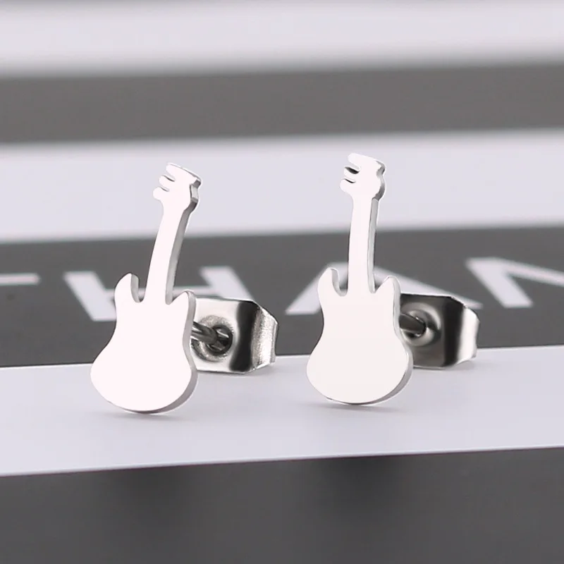 CHUKUI Rock Gold Guitar Earrings Men Women Stainless Steel Black Fashion Musical Instruments Jewelry Ear Stud (5)