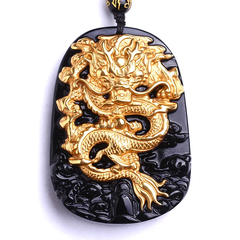 Wholesale 18K Gold Natural Black Obsidian Carving Dragon Lucky Amulet Pendant Necklace For Women Men pendants