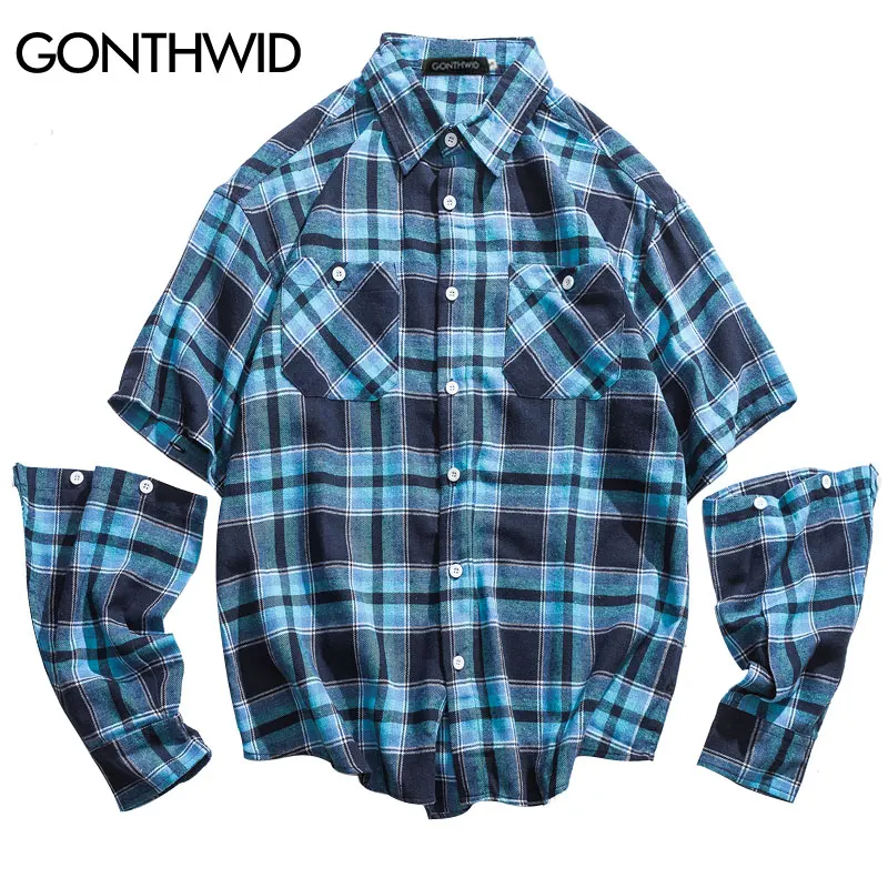 GONTHWID Removable Sleeves Plaid Shirts Men 2018 Autumn Fashion Casual