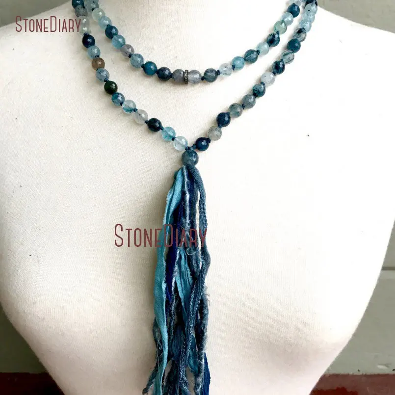 20180313-NM11090-Blue Rutilated Quartz Mala Beads, Rare Natural Gemstone, Silk Sari Tassel, Pave Diamond, Throat Chakra Tassel Necklace, December Birthstone