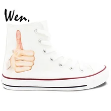Вэнь Дизайн Пользовательские Ручная роспись обувь Оригинальные руки жеста Мужские Женские высокие холщовые кроссовки для мальчиков и девочек