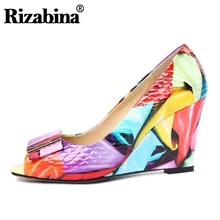 RIZABINA Size 33-42 Genuine Leather Women Wedges Pumps Colorful Printing High Heels Shoes Peep Toe Party Wedding Shoes Woman 2017new big size 33 42 genuine leather womens shoes wedges pointed toe high heels women office