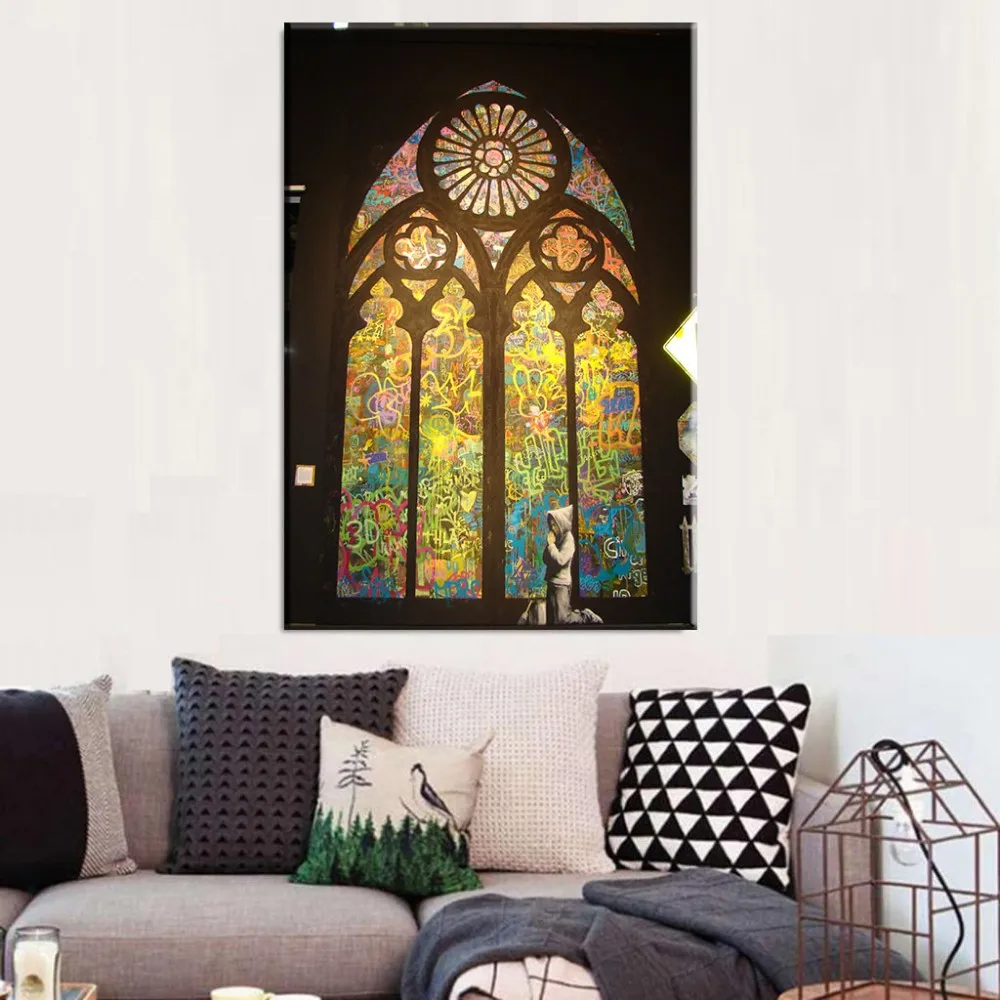 Banksy-Art-Pray-In-Church-Living-Room-Wall-Art-Home-Decorative-Picture-On-Canvas2