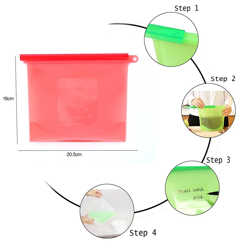 4 шт./лот, моющаяся Экологичная силиконовая сумка для хранения, домашняя многоразовая Герметичная сумка для хранения еды, фруктов, овощей, закусок, супа
