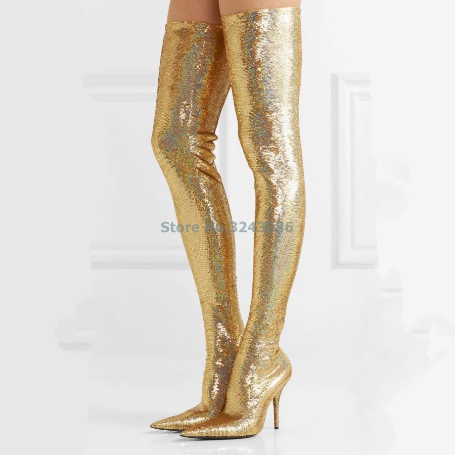 

Pointed Toe Metallic Over The Knee Boots Rose Gold Silver Patent Leather Mirror Effect Stiletto Heel Long Boot Night Club Shoes