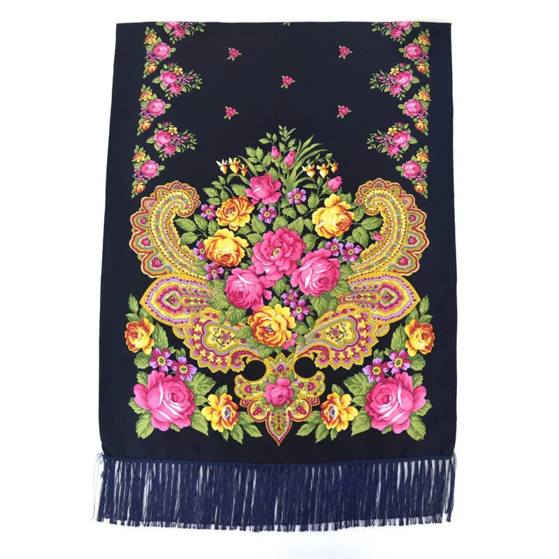  New Russian Federation Women Print Flowers Handmade Long Tassel Cotton Scarf Lady Rectangle Handker