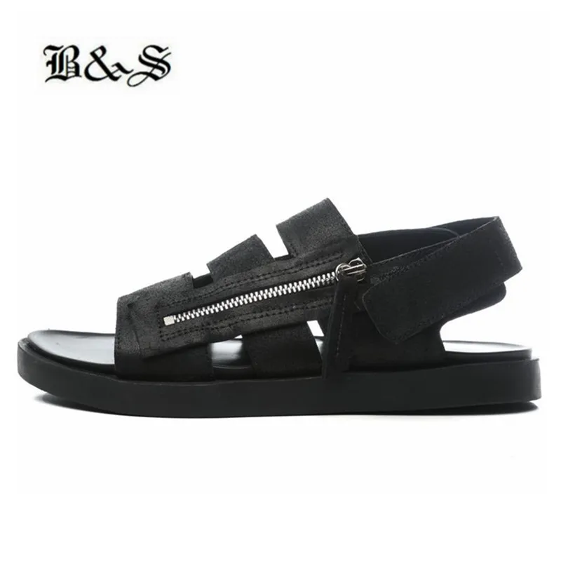

Black&Street 2019 new gladiator side zipper open toe cow suede black strap Roma Sandals