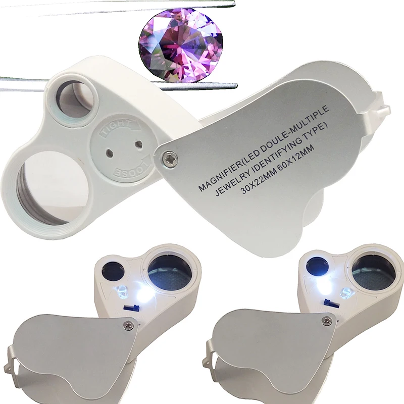Hot!!! 30x 60x Dual Lens Jewelers Eye Loupe Illuminated LED Metal Body