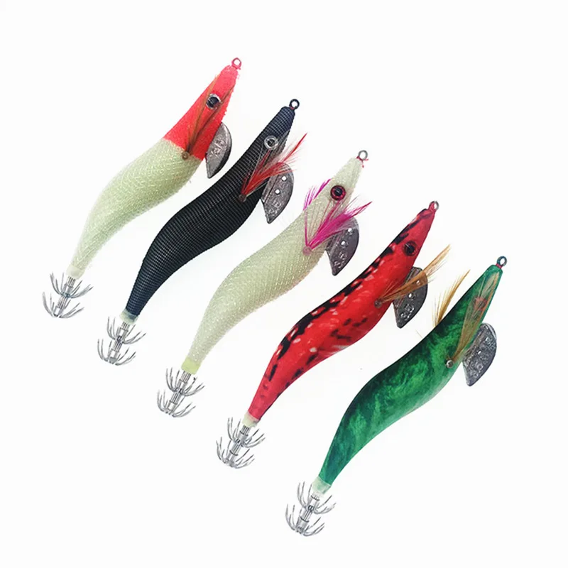 Squid Jigs Fishing Lure 5Pcs Octupus Lures Wood Shrimp 13.5cm 21g Cuttle Umbrella Hook 3.5#