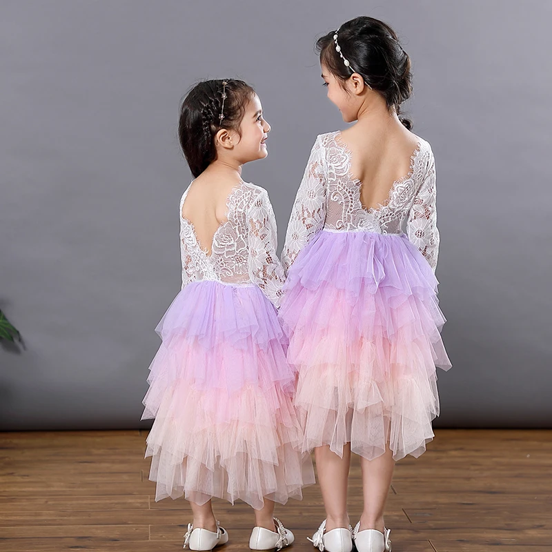 

Girls Lace Backless Tutu Dress Kids Long Sleeves Layered Ceremonies Costume Girls Pageant Dancing Dress Wedding Party Vestidos