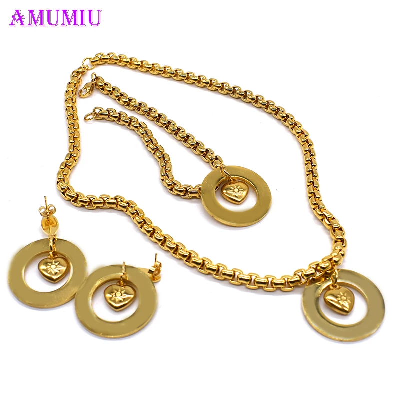 

AMUMIU Trendy Style Women's Stainless Steel Solid Heart Round Charm Necklace Bracelet Jewelry Set Mother's Day Gift JS036