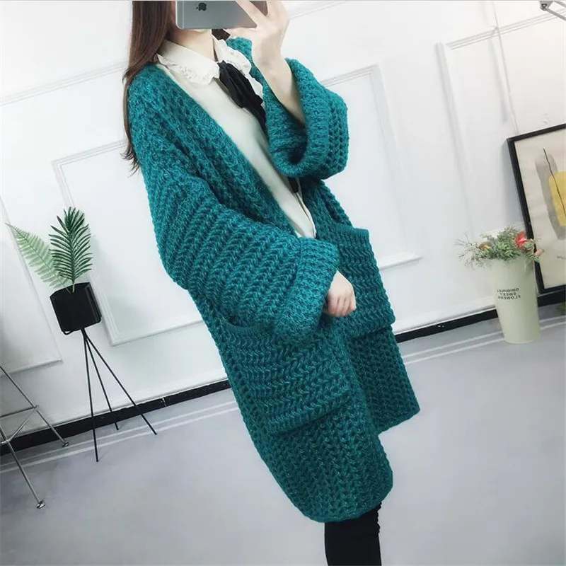 

2019 Autumn Solid Coarse Wool Long Cardigans Women Flare Sleeve Sweaters Casual Loose Slim Oversize Women Knitted Coat Vestido