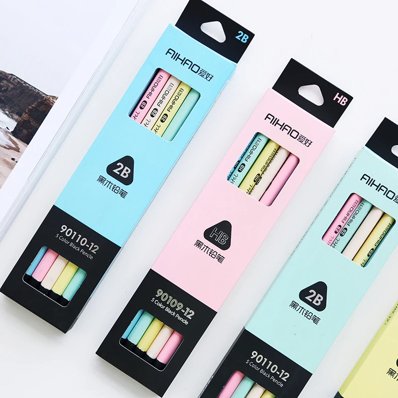 12 pcs/Lot 5 color black & pastel pencil Wood Standard 2B Macaron pencils for drawing Stationery Office school supplies 6192