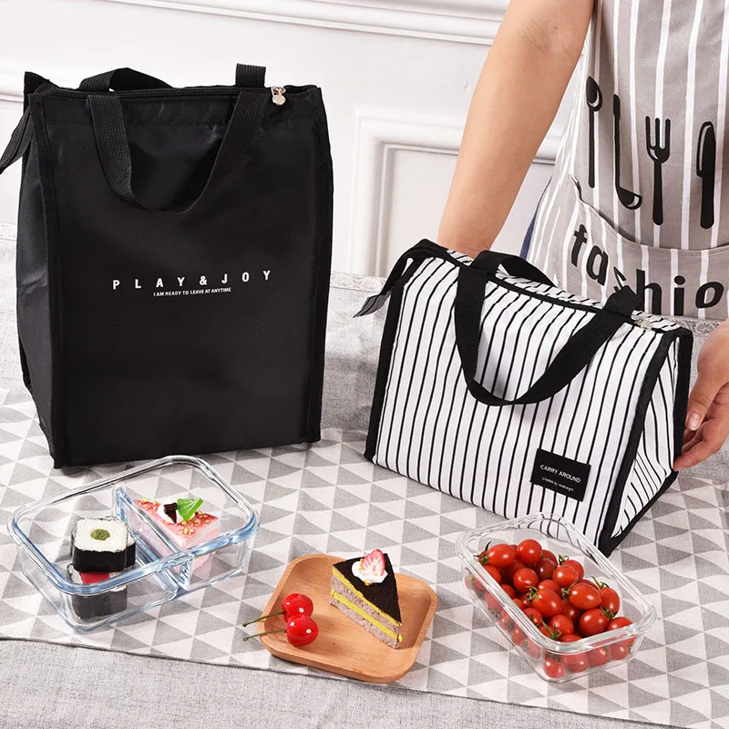 Черные Полоски термоизолированные сумки для обедов изолированные Твердые термоланчбокс еда сумка для пикника кулер Tote сумки для мужчин