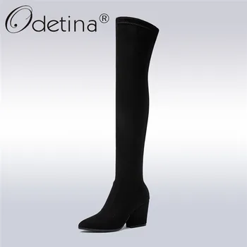 

Odetina New Fashion Flock Leather Sexy High Heel Over The Knee Boots Elastic Pointed Toe Thigh High Boots For Plus Size Women