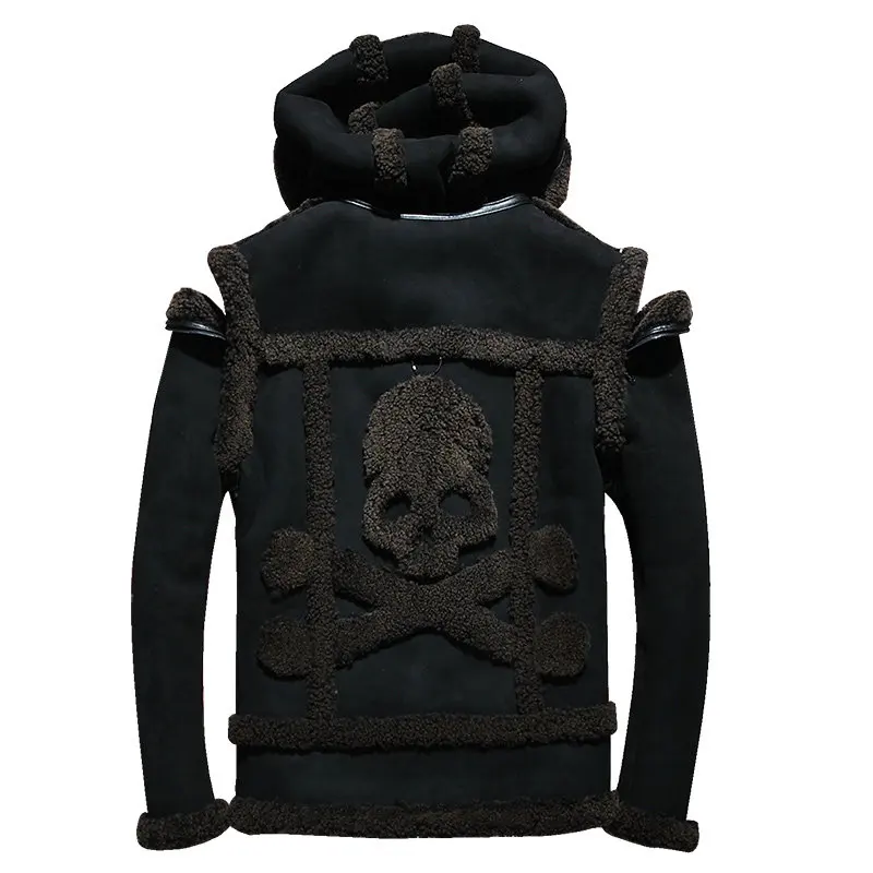 

HARLEY DAMSON Black Men Skull Pattern Biker Shearling Coat Plus Size XXXXL Genuine Thick Winter Russian Shearling Jacket