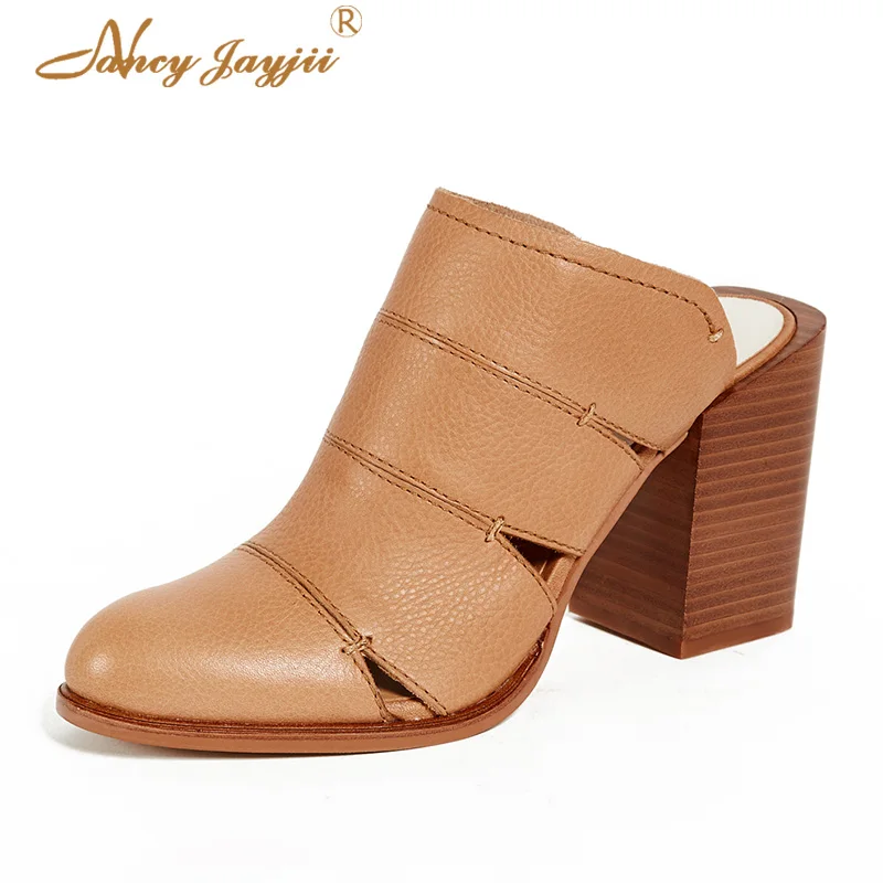Nancyjayjii Makeo Brown Block Chunky Mules 2022 Spring Leather Round Toe Slip on Outside Fashion Dress Street Female Sippers | Обувь