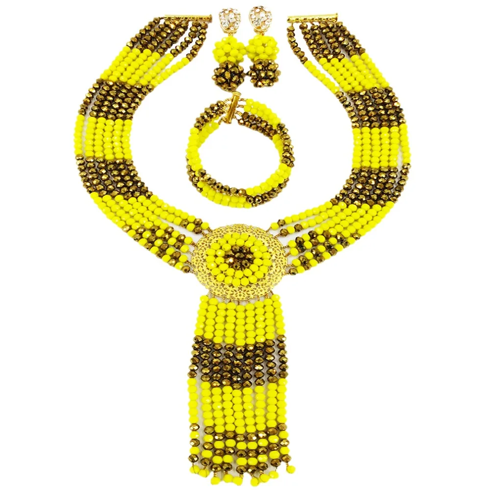 Непрозрачные желтый золотисто Коричневый Кристалл Африканский бусины комплект ювелирных изделий для женщин нигерийские Свадебные